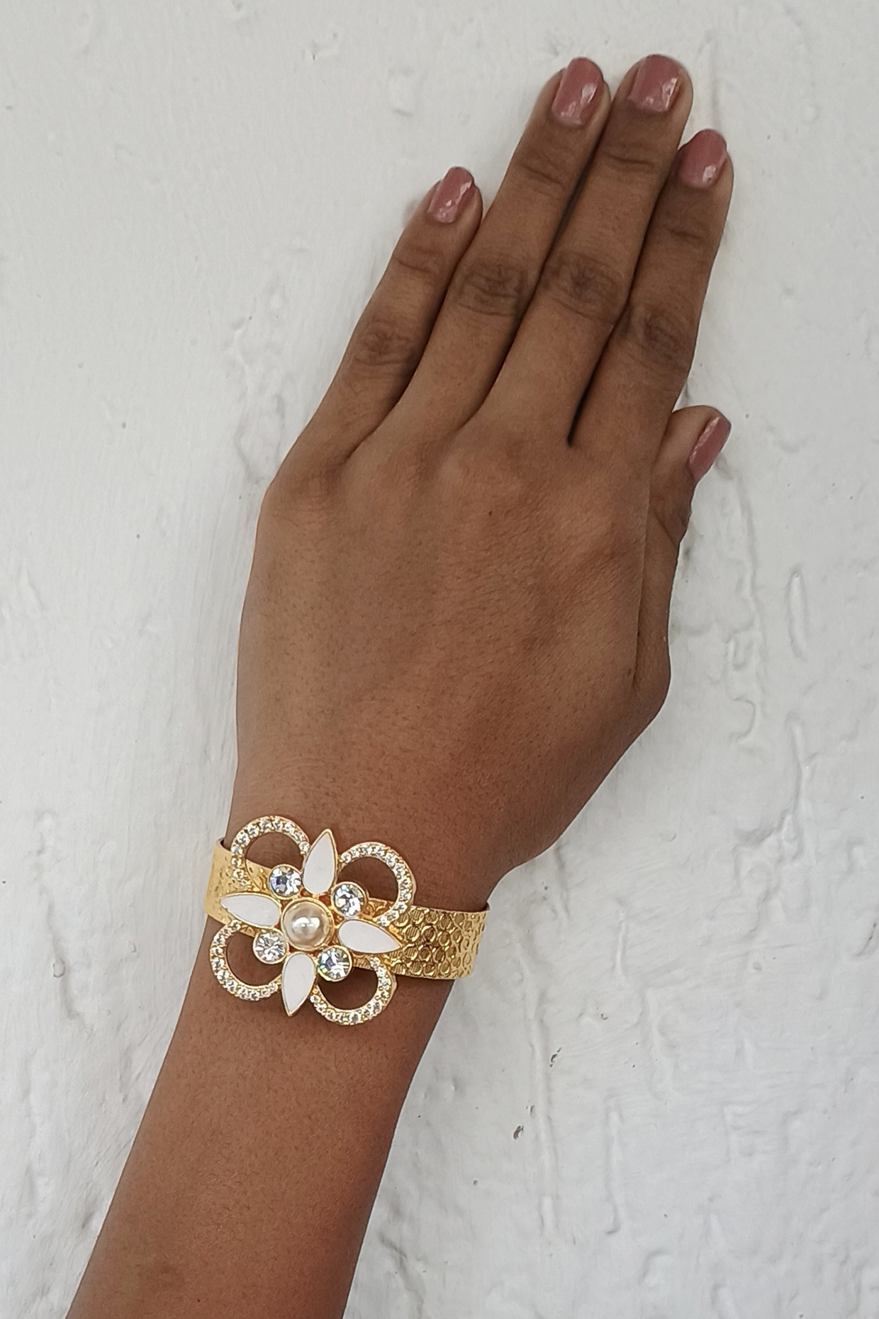 Gold Plated Pearl & Swarovski Crystal White Enameled Adjustable Cuff by BBLINGG at Pernia's Pop Up Shop