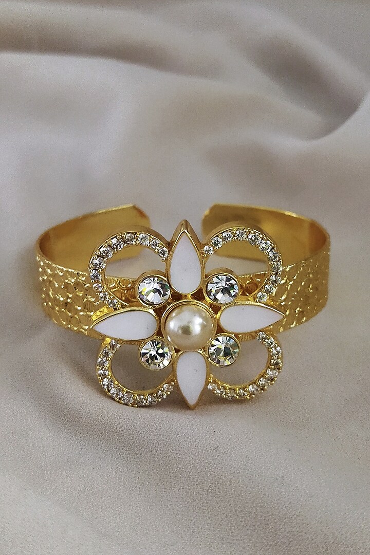 Gold Plated Pearl & Swarovski Crystal White Enameled Adjustable Cuff by BBLINGG at Pernia's Pop Up Shop