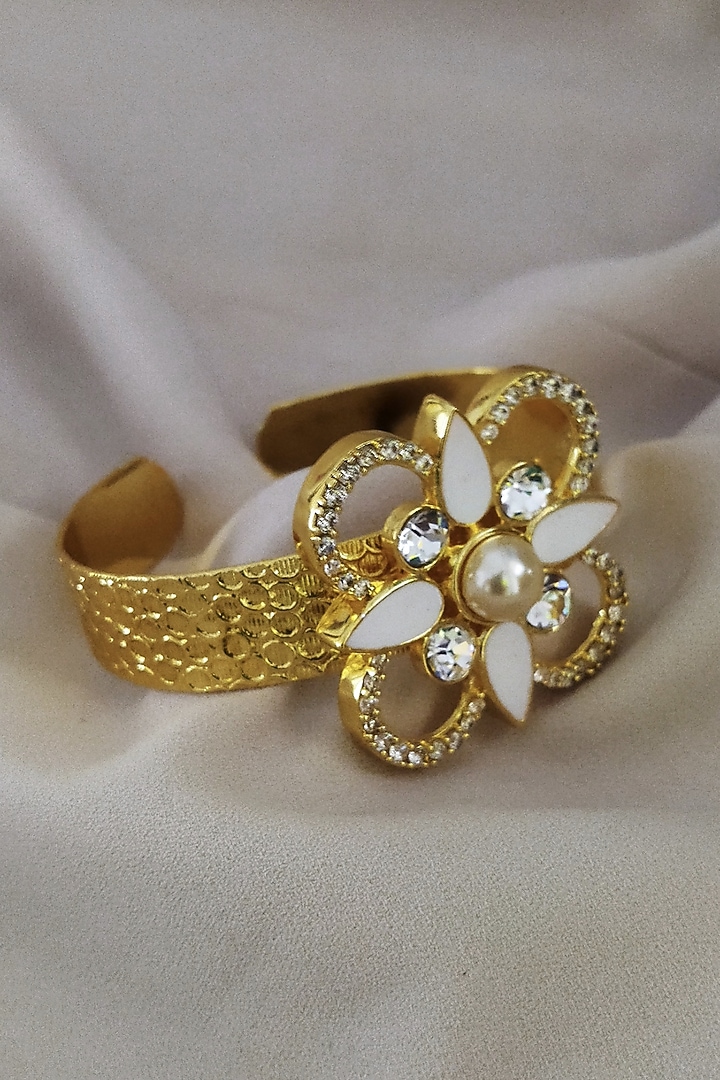 Gold Plated Pearl & Swarovski Crystal White Enameled Adjustable Cuff by BBLINGG at Pernia's Pop Up Shop