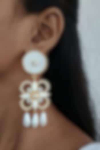 Gold Finish Mother Of Pearl & Swarovski Crystal White Enameled Mini Dangler Earrings by BBLINGG at Pernia's Pop Up Shop