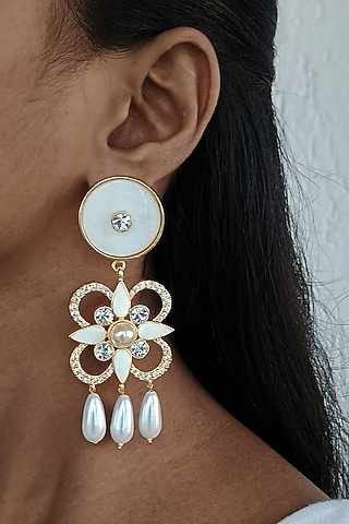 Gold Finish Mother Of Pearl & Swarovski Crystal White Enameled Mini Dangler Earrings by BBLINGG