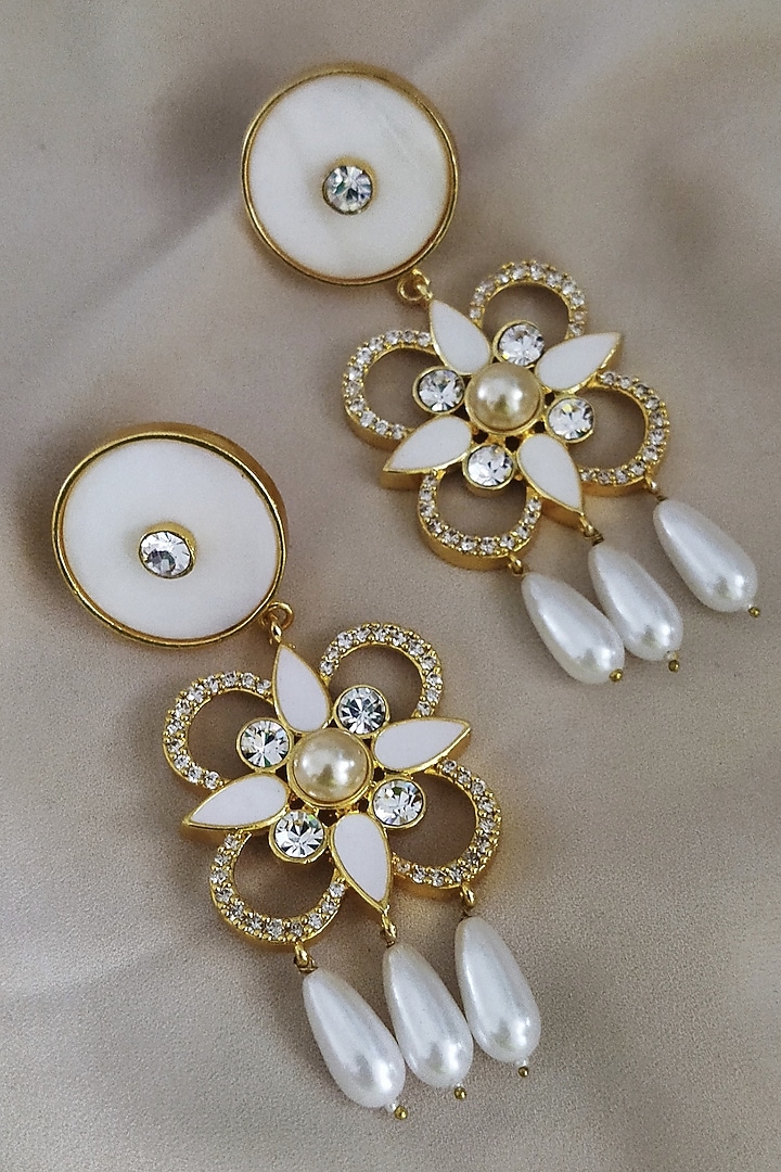 Gold Finish Mother Of Pearl & Swarovski Crystal White Enameled Mini Dangler Earrings by BBLINGG at Pernia's Pop Up Shop