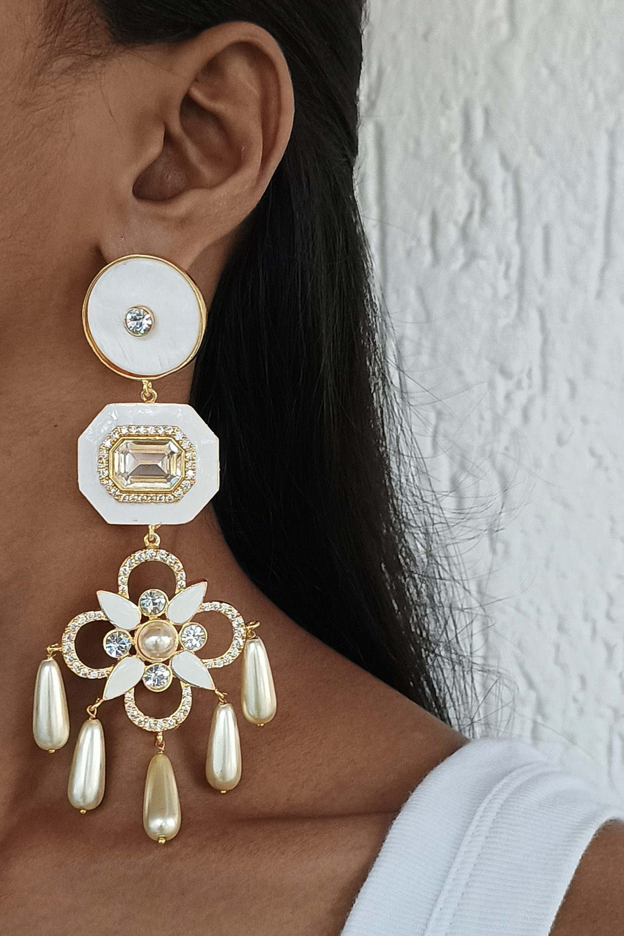 Gold Finish Mother Of Pearl & Swarovski Crystal White Enameled Dangler Earrings by BBLINGG at Pernia's Pop Up Shop