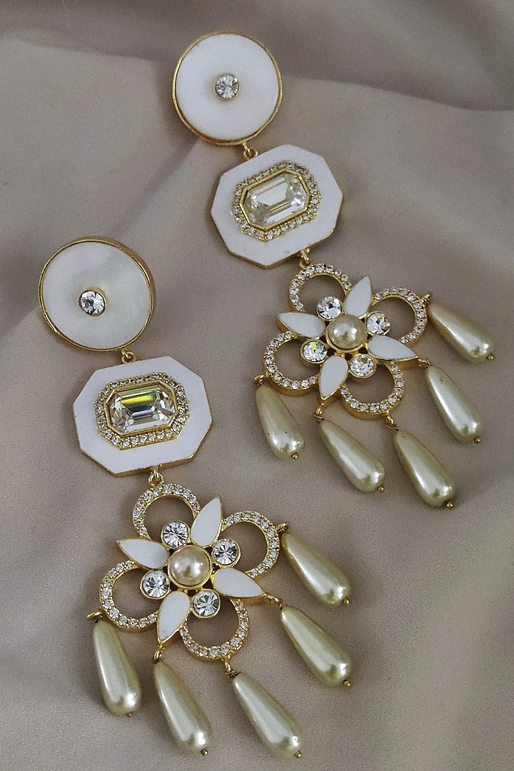 Gold Finish Mother Of Pearl & Swarovski Crystal White Enameled Dangler Earrings by BBLINGG at Pernia's Pop Up Shop