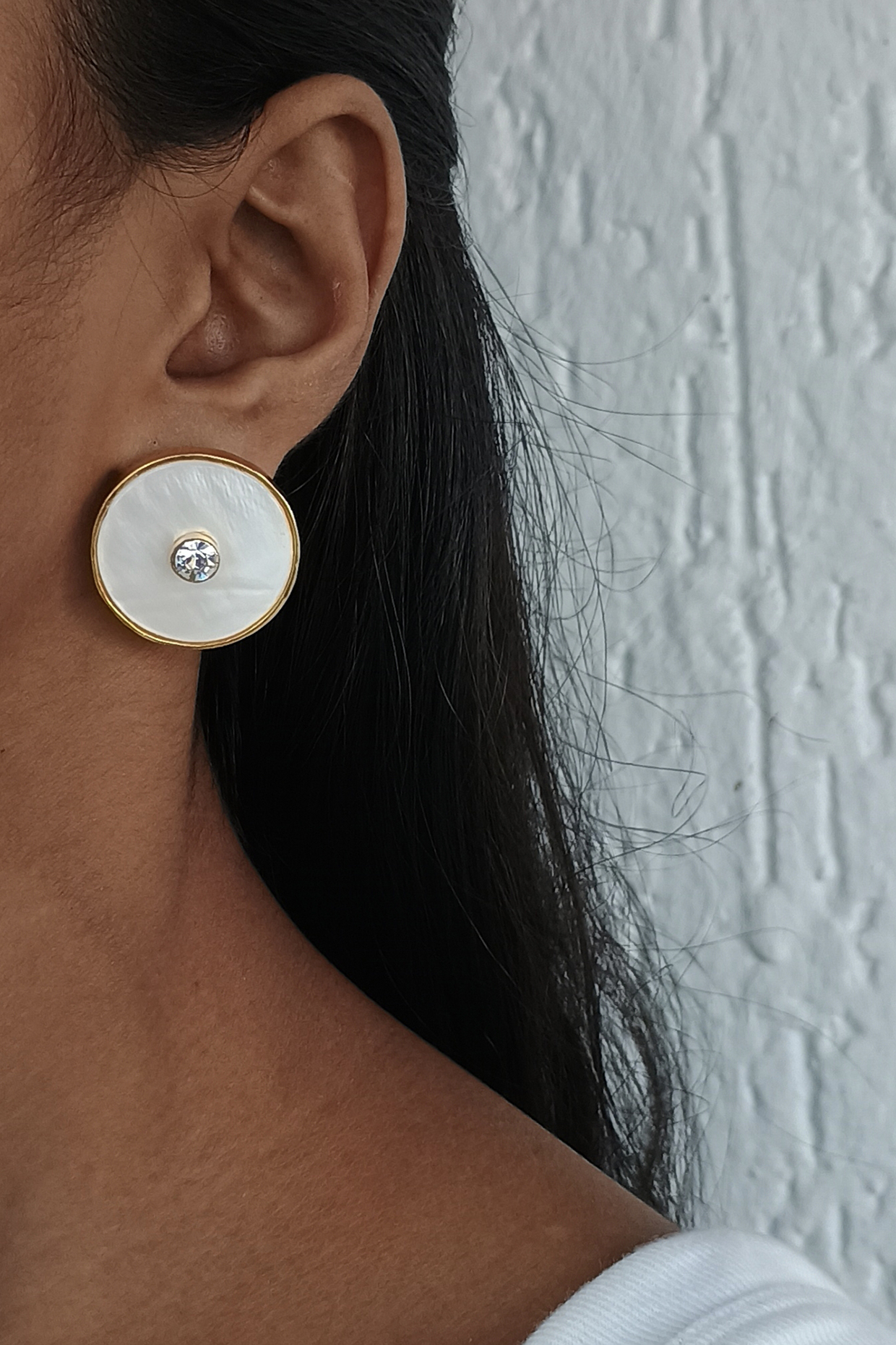Gold Finish Mother Of Pearl & Swarovski Crystal White Enameled Stud Earrings by BBLINGG at Pernia's Pop Up Shop