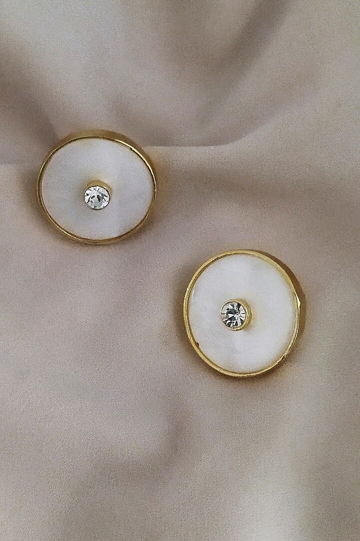 Gold Finish Mother Of Pearl & Swarovski Crystal White Enameled Stud Earrings by BBLINGG at Pernia's Pop Up Shop