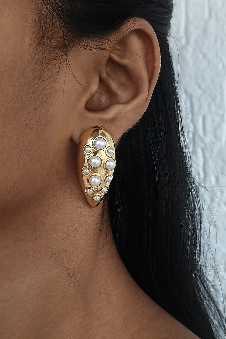 Gold Pleated Pearls Stud Earring by BBLINGG at Pernia's Pop Up Shop