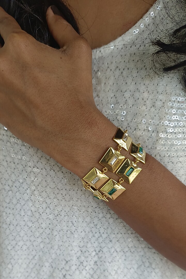 Gold Finish Baguette Crystals Tennis Bracelet by BBLINGG at Pernia's Pop Up Shop