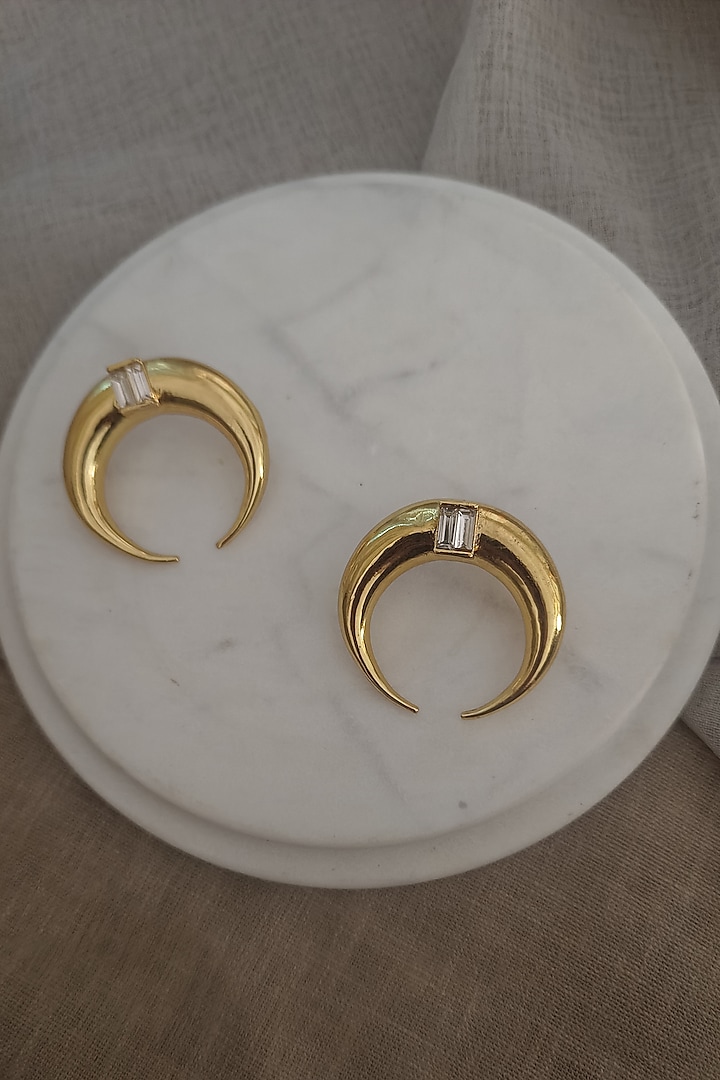 Gold Finish Baguette Crystal Moon Hoop Earrings by BBLINGG