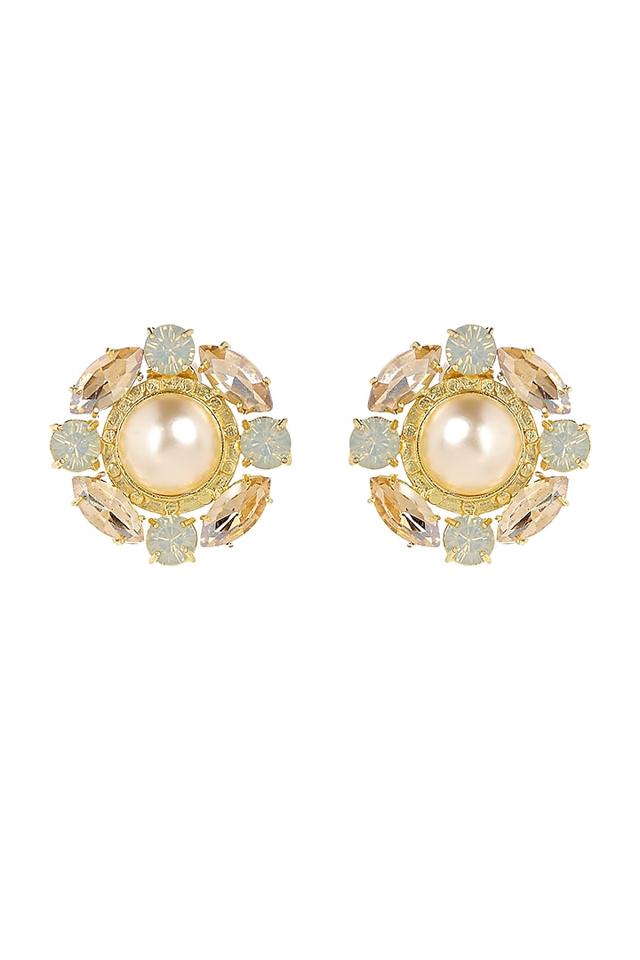 Gold Finish Swarovski Pearls Stud Earrings by BBLINGG