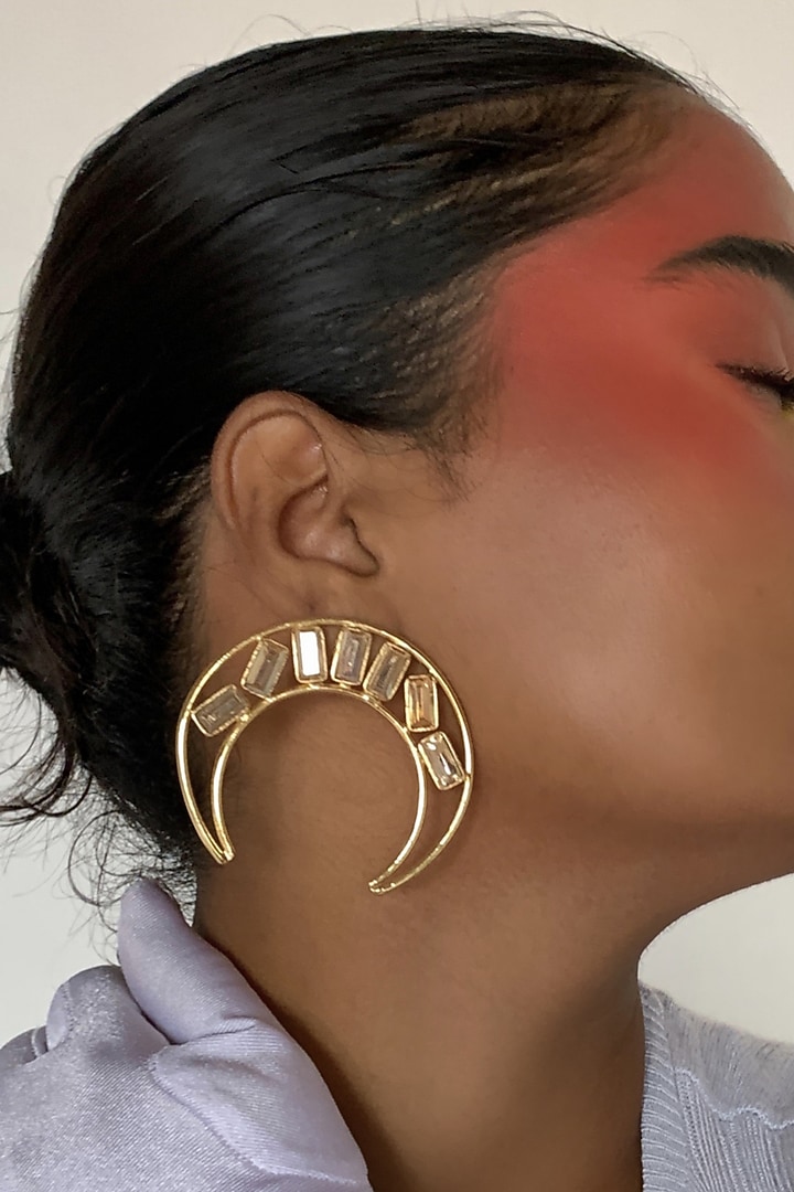 Gold Finish Crystal Moon Stud Earrings by BBLINGG at Pernia's Pop Up Shop