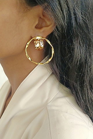 Gold Finish Swarovski Crystals Twisted Hoop Earrings by BBLINGG