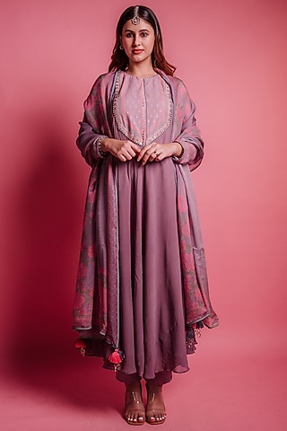 Dewberry Mauve Printed Anarkali Set by Bandana Narula