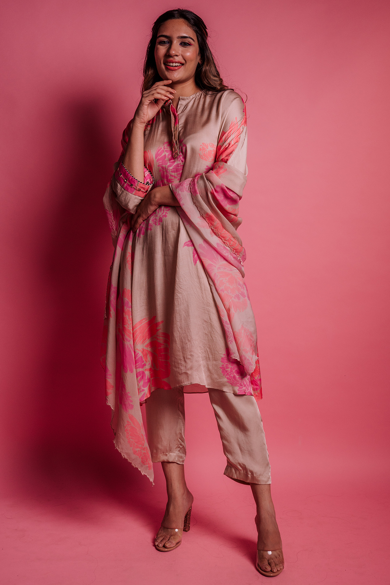Champagne Beige Printed Kurta Set by Bandana Narula at Pernia's Pop Up Shop