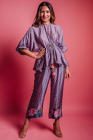 Dessert Blue Ikat Printed Co-Ord Set by Bandana Narula