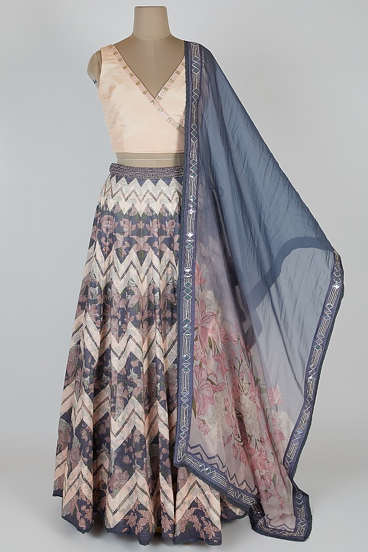 Pink & Grey Printed Wedding Lehenga Set by Bandana Narula at Pernia's Pop Up Shop
