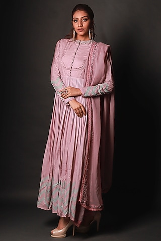 Mauve Printed Gathered Anarkali Set by Bandana Narula