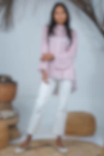 Flamingo Pink Summer Silk Printed High-Low Shirt by Bandana Narula at Pernia's Pop Up Shop