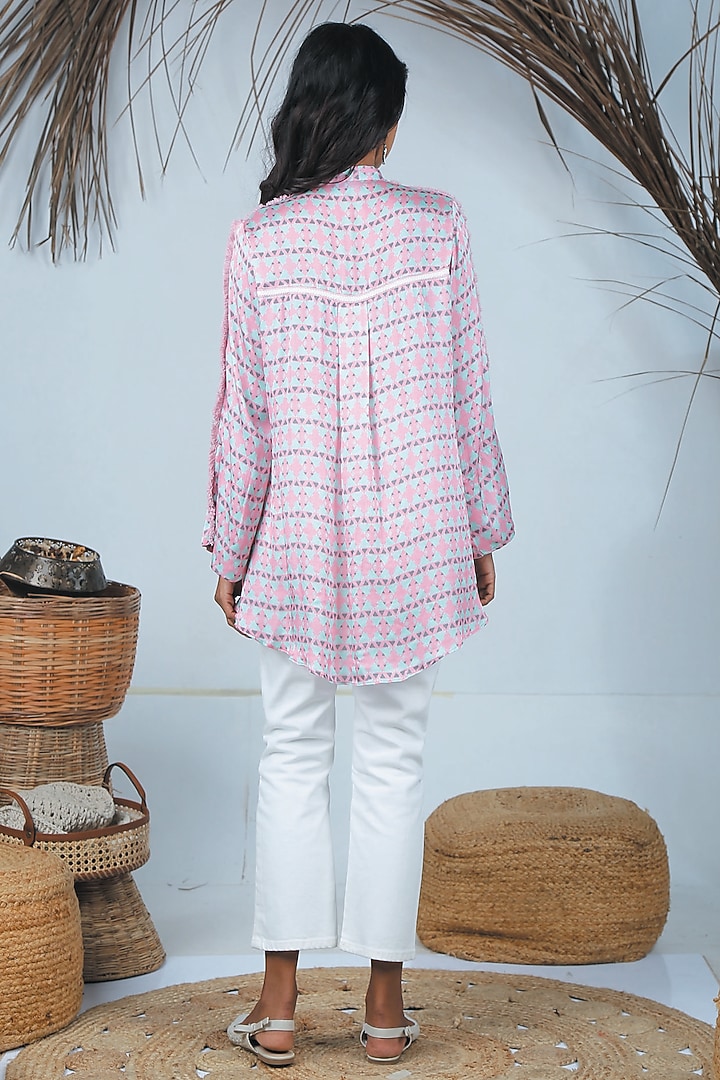 Flamingo Pink Summer Silk Printed High-Low Shirt by Bandana Narula at Pernia's Pop Up Shop