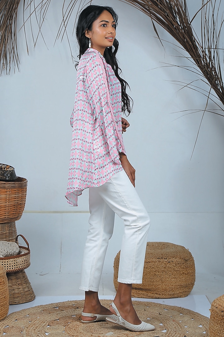 Flamingo Pink Summer Silk Printed High-Low Shirt by Bandana Narula at Pernia's Pop Up Shop