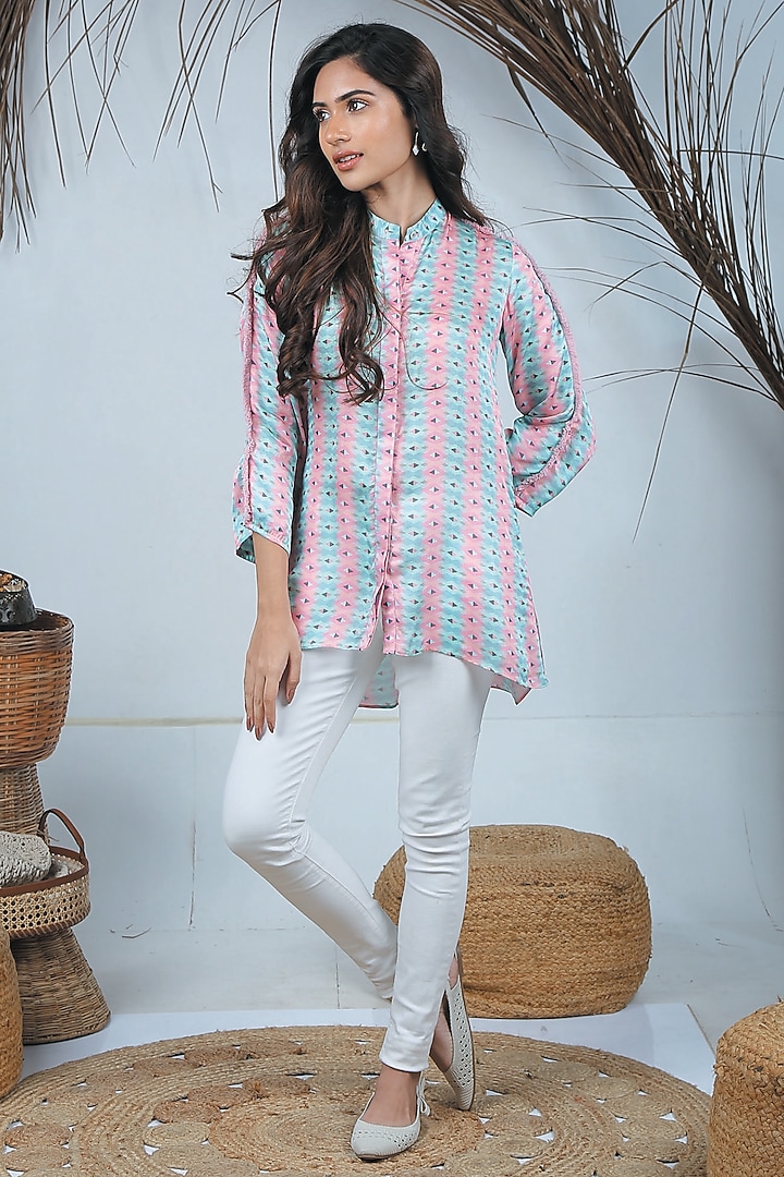 Pearl White & Flamingo Pink Summer Silk Printed High-Low Shirt by Bandana Narula at Pernia's Pop Up Shop
