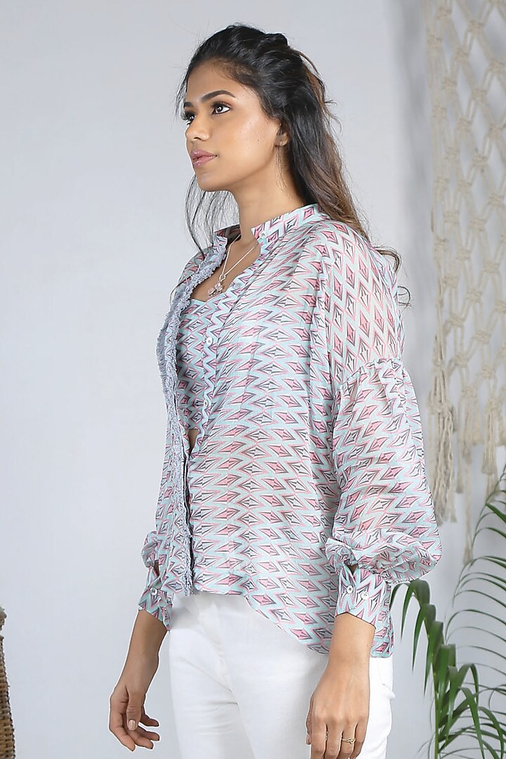 Pebble Grey & Flamingo Pink Organza Printed Shirt by Bandana Narula at Pernia's Pop Up Shop