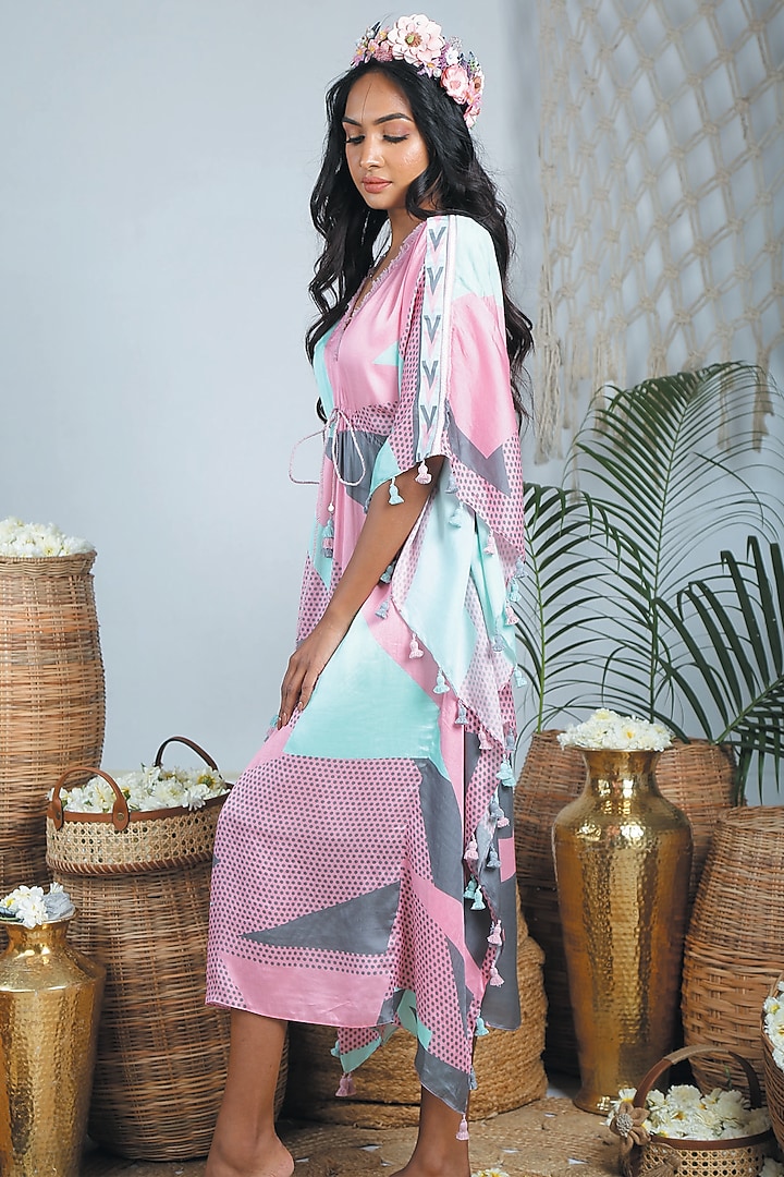 Flamingo Pink & Aquamarine Teal Summer Silk Printed Kaftan by Bandana Narula at Pernia's Pop Up Shop