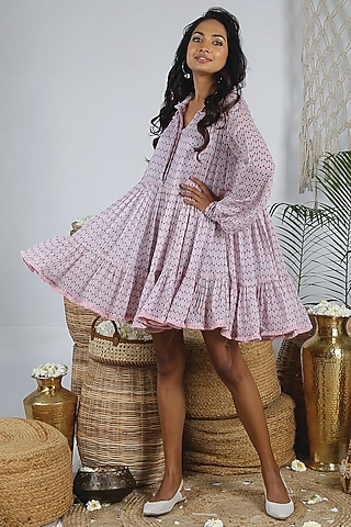 Flamingo Pink Georgette Printed Tiered Dress by Bandana Narula