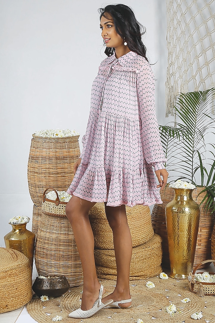 Flamingo Pink Georgette Printed Tiered Summer Dress by Bandana Narula at Pernia's Pop Up Shop