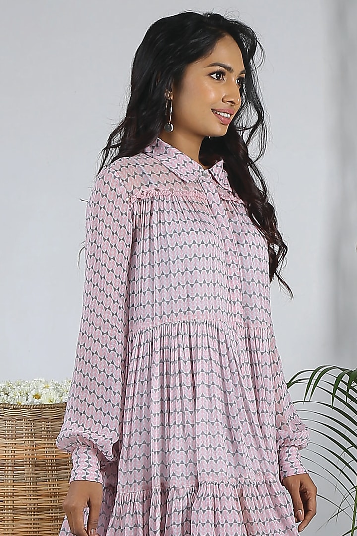 Flamingo Pink Georgette Printed Tiered Summer Dress by Bandana Narula at Pernia's Pop Up Shop