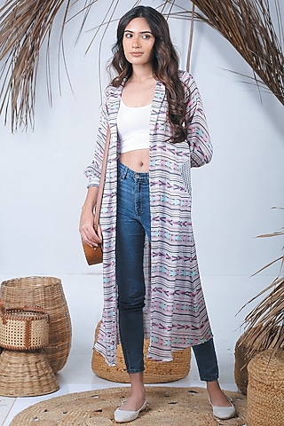 Pebble Grey Summer Silk Printed Jacket by Bandana Narula