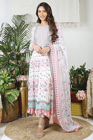 Pearl White & Flamingo Pink Georgette Printed Anarkali Set by Bandana Narula