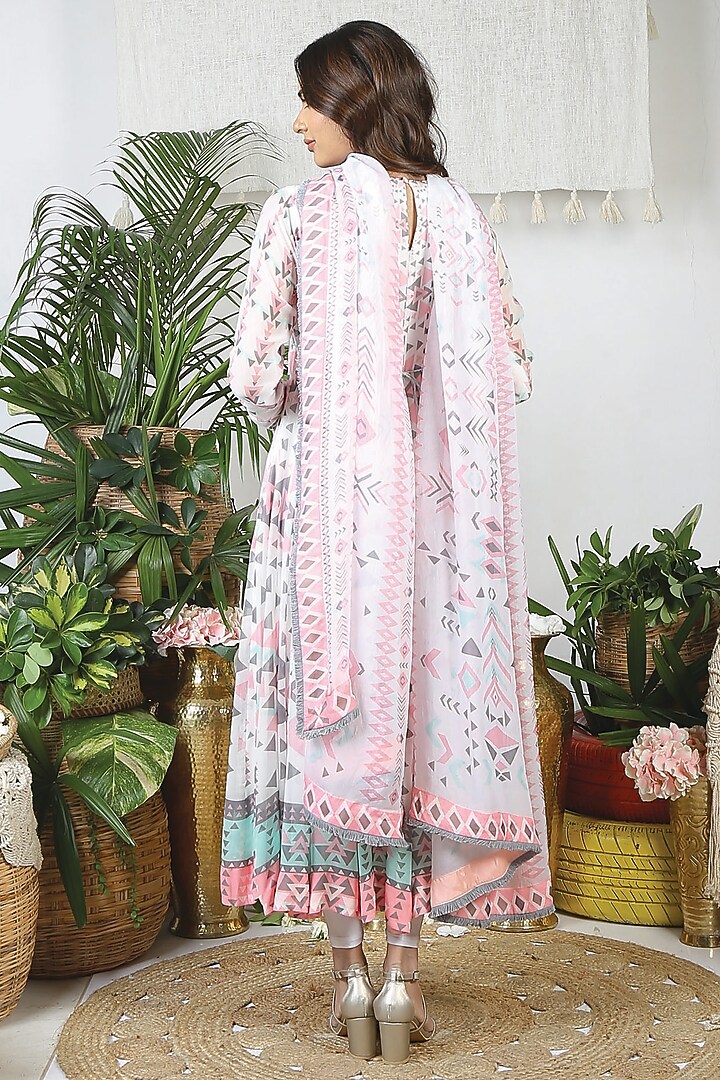Pearl White & Flamingo Pink Georgette Printed Party Wear Anarkali Set by Bandana Narula at Pernia's Pop Up Shop