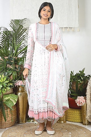 Pearl White & Pebble Grey Georgette Printed Anarkali Set by Bandana Narula
