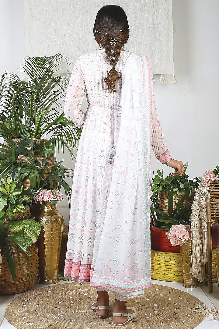 Pearl White & Pebble Grey Georgette Printed Party Wear Anarkali Set by Bandana Narula at Pernia's Pop Up Shop