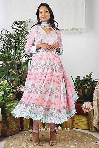 Flamingo Pink & Pebble Grey Georgette Printed Anarkali Set by Bandana Narula