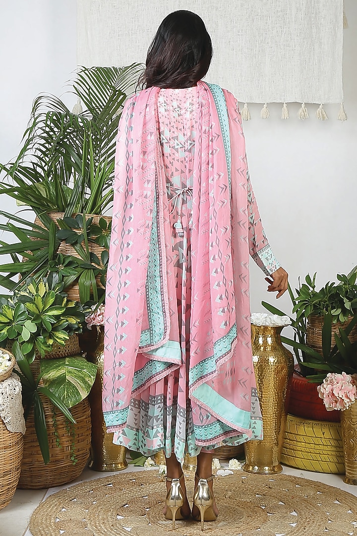 Flamingo Pink & Pebble Grey Georgette Printed Party Wear Anarkali Set by Bandana Narula at Pernia's Pop Up Shop