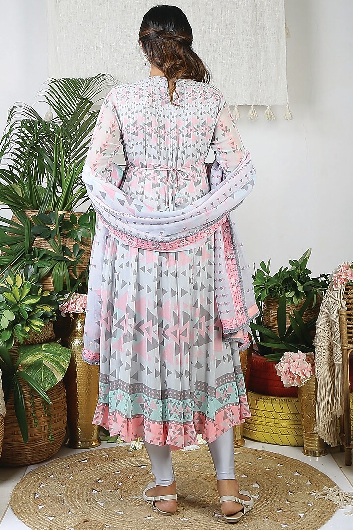Flamingo Pink & Pebble Grey Georgette Printed Party Wear Anarkali Set by Bandana Narula at Pernia's Pop Up Shop