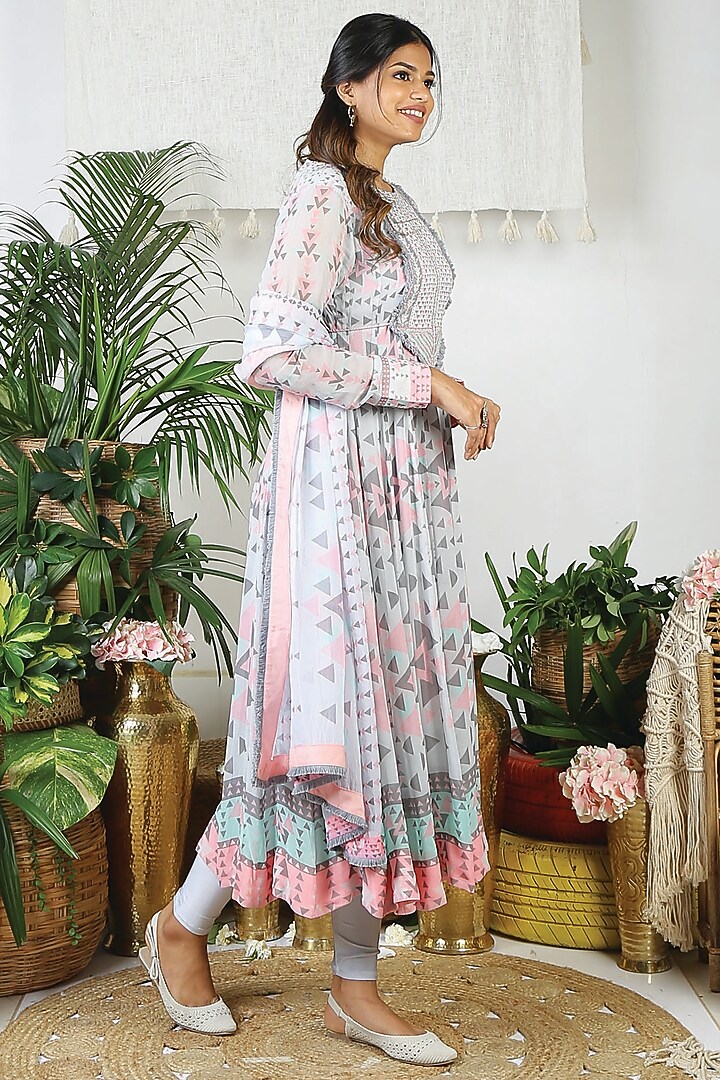 Flamingo Pink & Pebble Grey Georgette Printed Party Wear Anarkali Set by Bandana Narula at Pernia's Pop Up Shop