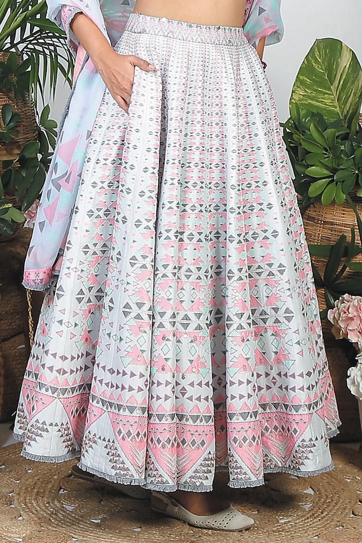 Pebble Grey Dupion Silk Embellished & Printed Wedding Lehenga Set by Bandana Narula at Pernia's Pop Up Shop
