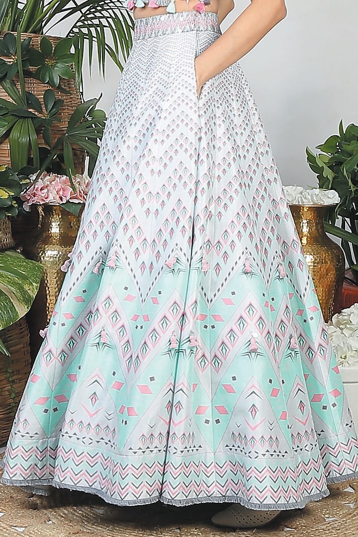 Pebble Grey Dupion Silk Embroidered & Printed Lehenga Set by Bandana Narula at Pernia's Pop Up Shop