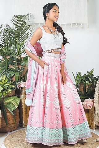 Flamingo Pink & Pebble Grey Dupion Silk Printed Lehenga Set by Bandana Narula
