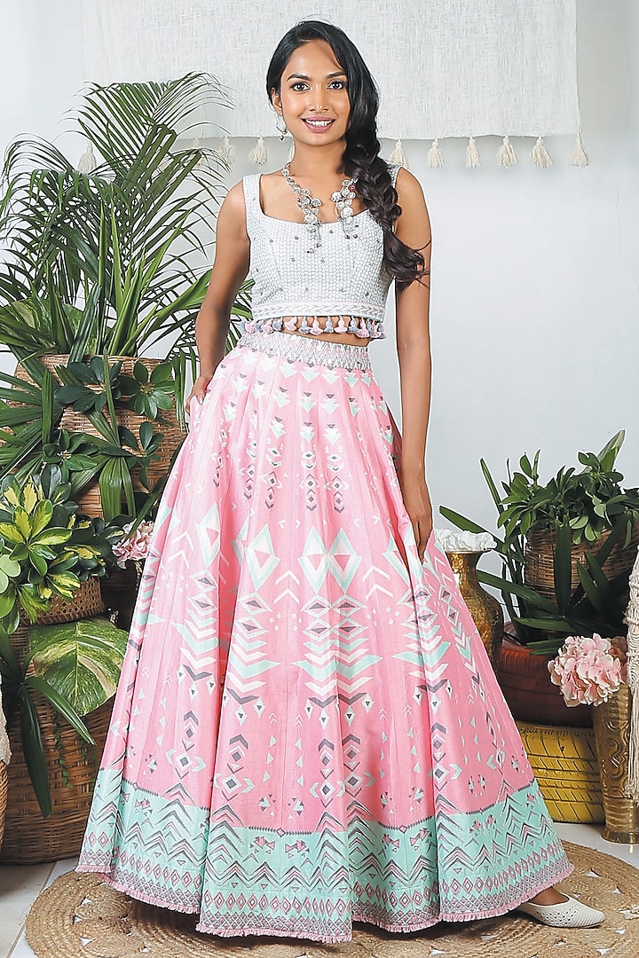 Flamingo Pink & Pebble Grey Dupion Silk Printed Wedding Lehenga Set by Bandana Narula at Pernia's Pop Up Shop