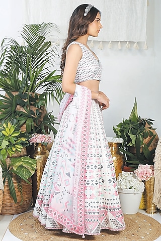 Flamingo Pink & Pearl White Dupion Silk Printed Lehenga Set by Bandana Narula