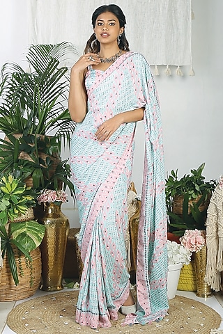 Teal & Flamingo Pink Crepe Printed Saree Set by Bandana Narula