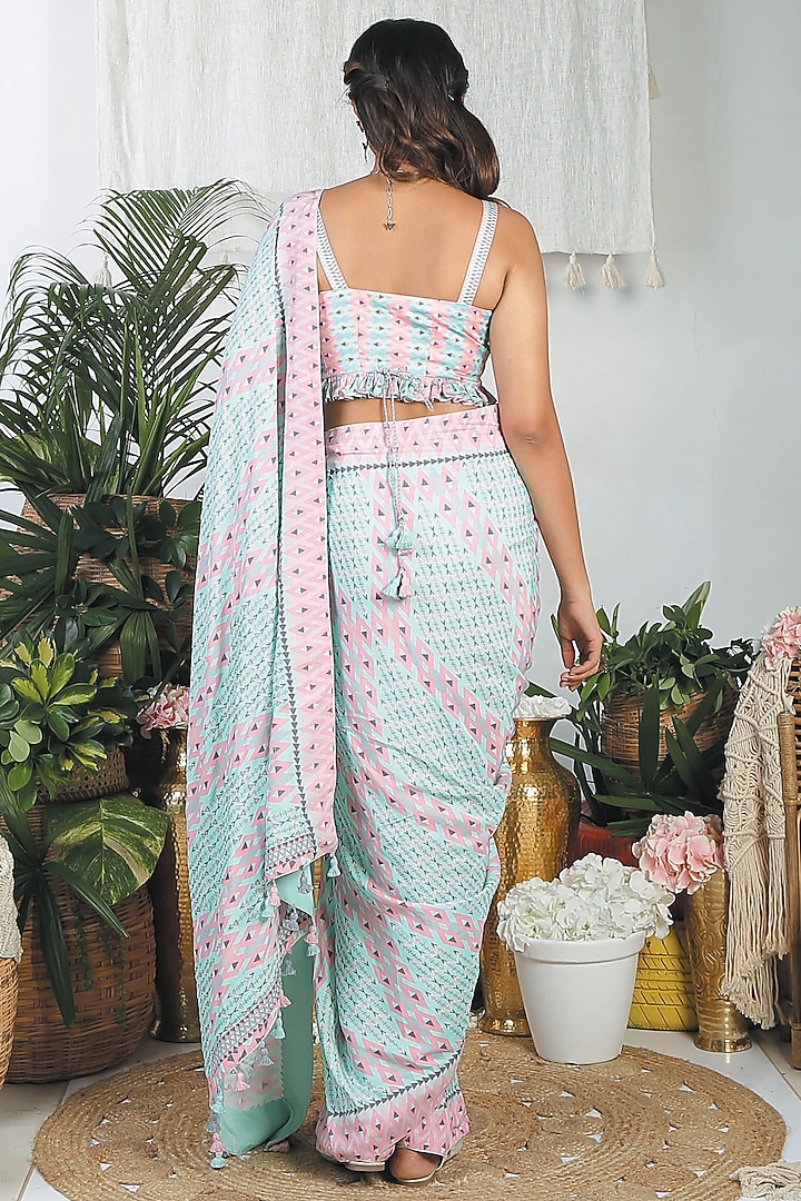 Teal & Flamingo Pink Crepe Printed Festive Saree Set by Bandana Narula at Pernia's Pop Up Shop