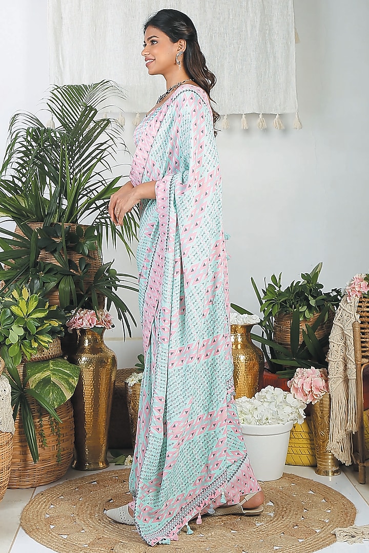 Teal & Flamingo Pink Crepe Printed Festive Saree Set by Bandana Narula at Pernia's Pop Up Shop