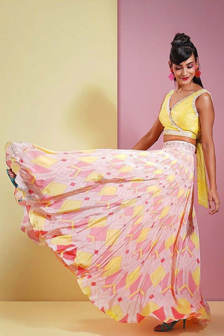 Candy Pink & Summer Yellow Lehenga With Embellished Blouse by Bandana Narula