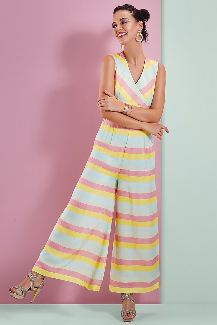 Blue Striped Jumpsuit With Embellished Belt by Bandana Narula at Pernia's Pop Up Shop