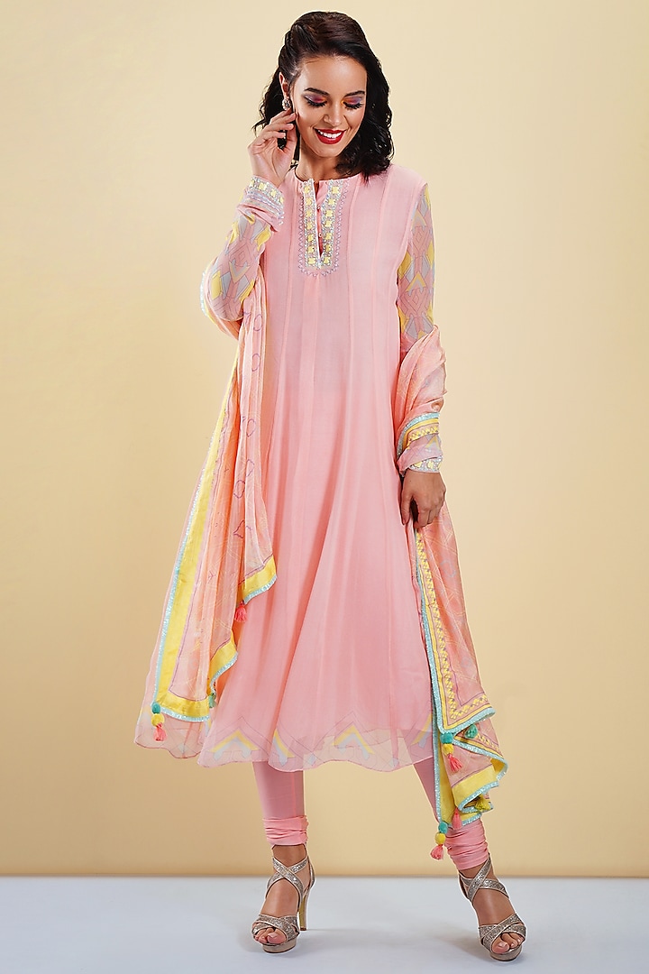 Blush Pink Embellished & Printed Anarkali Set by Bandana Narula